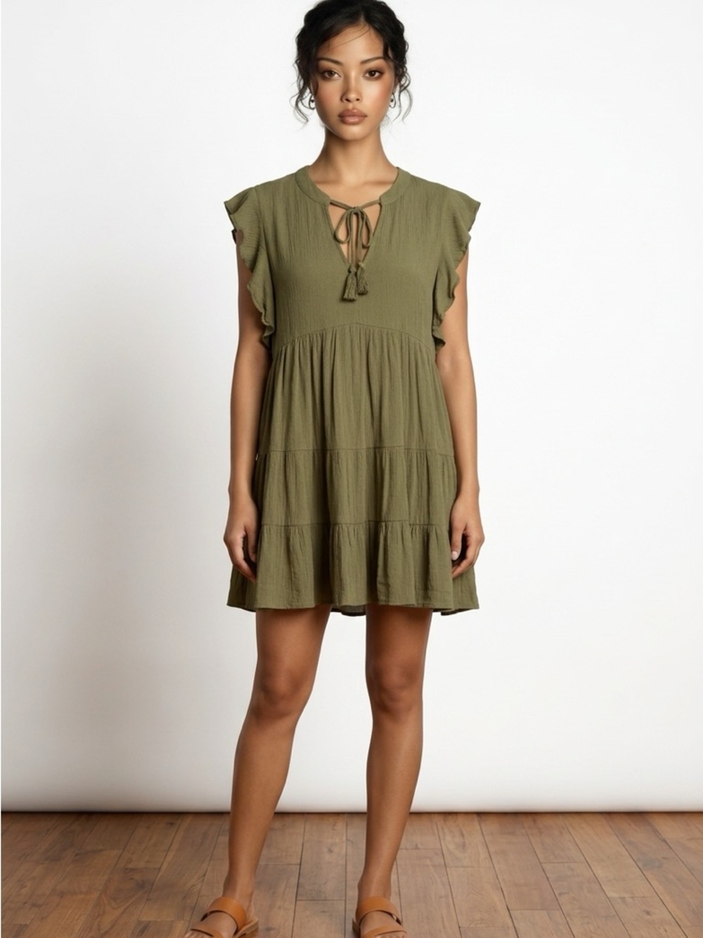 Ivy Olive Green Boho Dress | Size Small | Tassel Tie Front | Flowy Tiered Mini